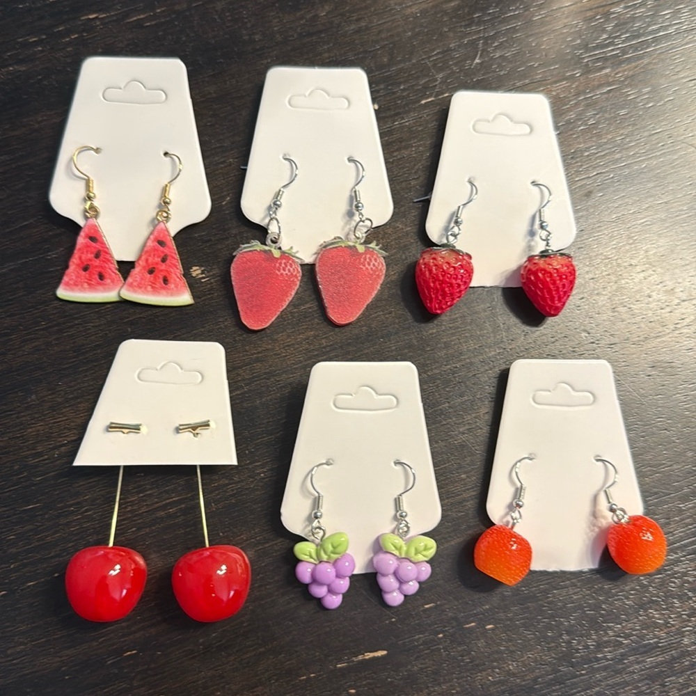 Lot of 6 pairs of women’s fashion jewelry earrings - berries, watermelon, fruits